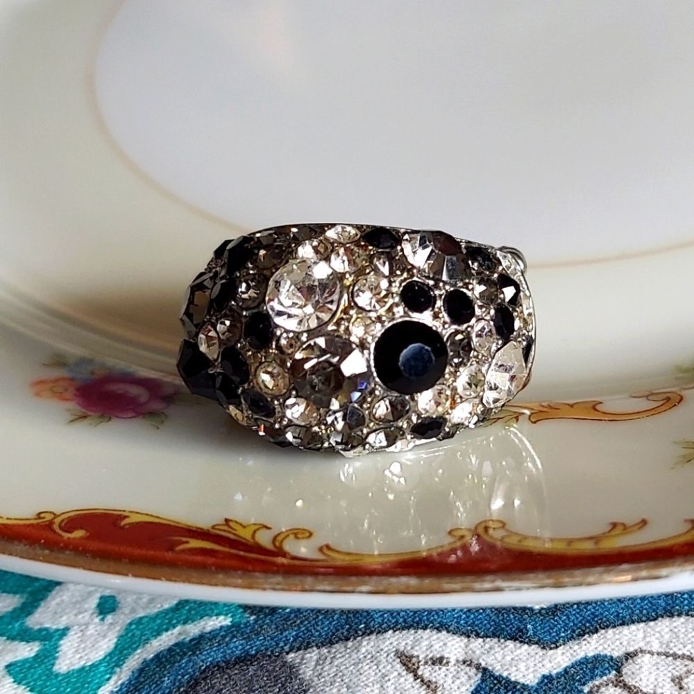 Vintage Black, Grey, White/Clear Rhinestone Statement Ring - Adjustable Band